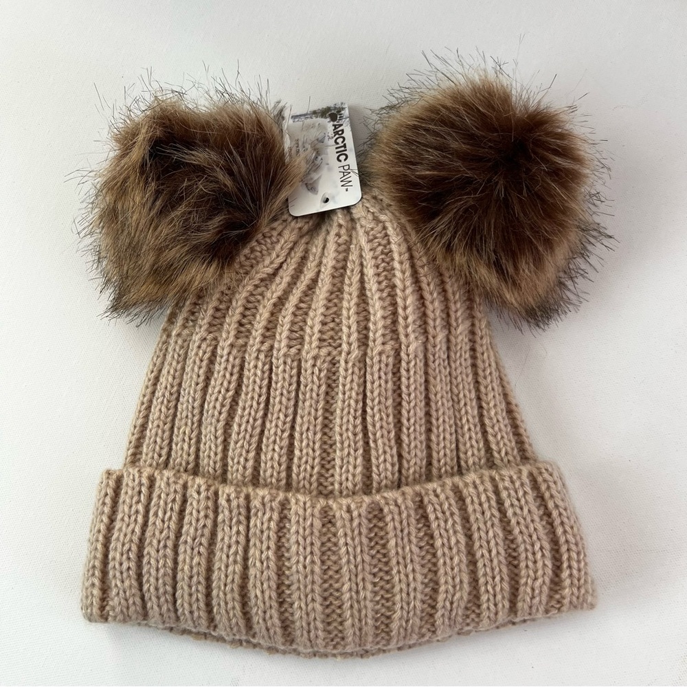 NWT • Arctic Paw Women’s Cable-Knit Beanie With Double Faux Fur PomPoms • Brown